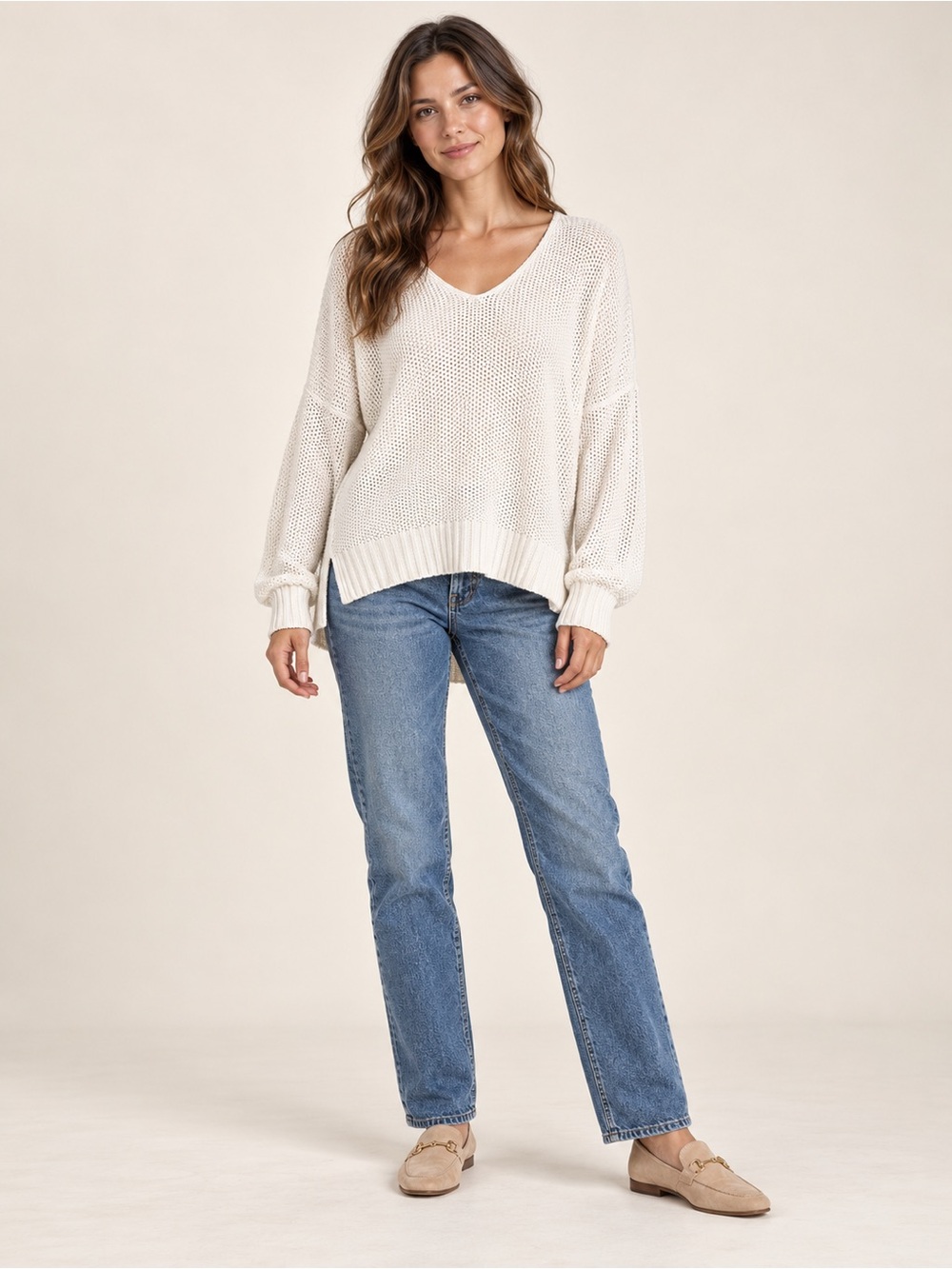 Lucky Brand Ivory Open Knit V Neck High Low Sweater Women’s Large